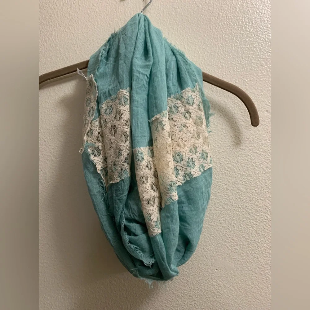 Hinge Blue and Cream Lace Infinity Scarf Cottagecore Easter Spring FLAW
